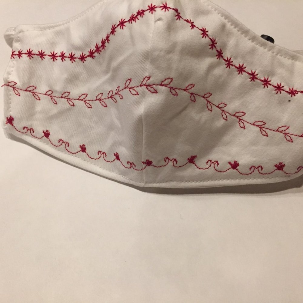 White pima cotton face mask with red embroidery